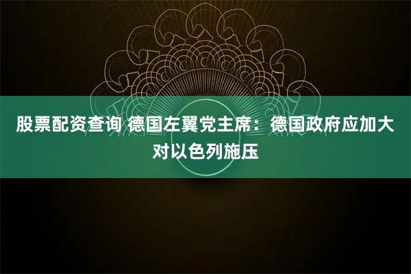 股票配资查询 德国左翼党主席：德国政府应加大对以色列施压